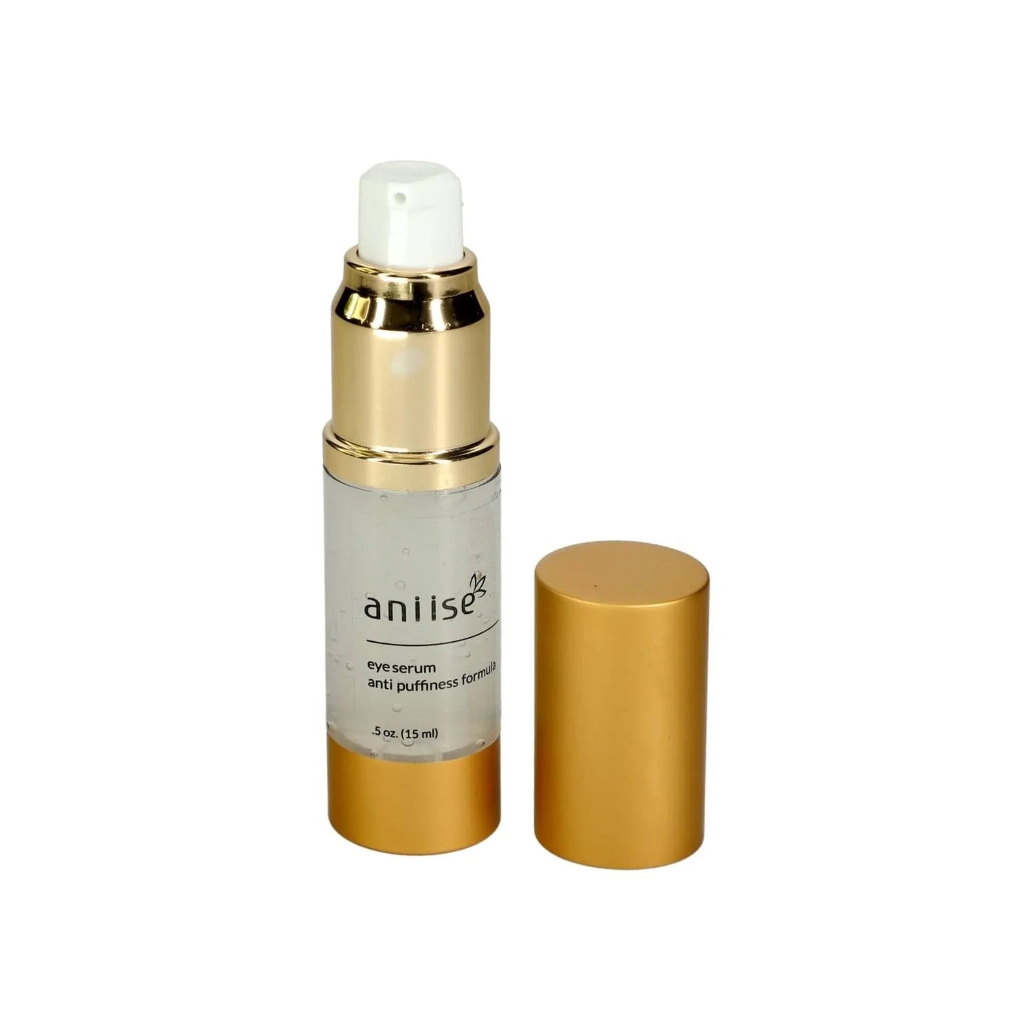 Aniise anti-puffiness eye serum with gold cap, clear bottle, upscale skincare at Qu!rk Boutique