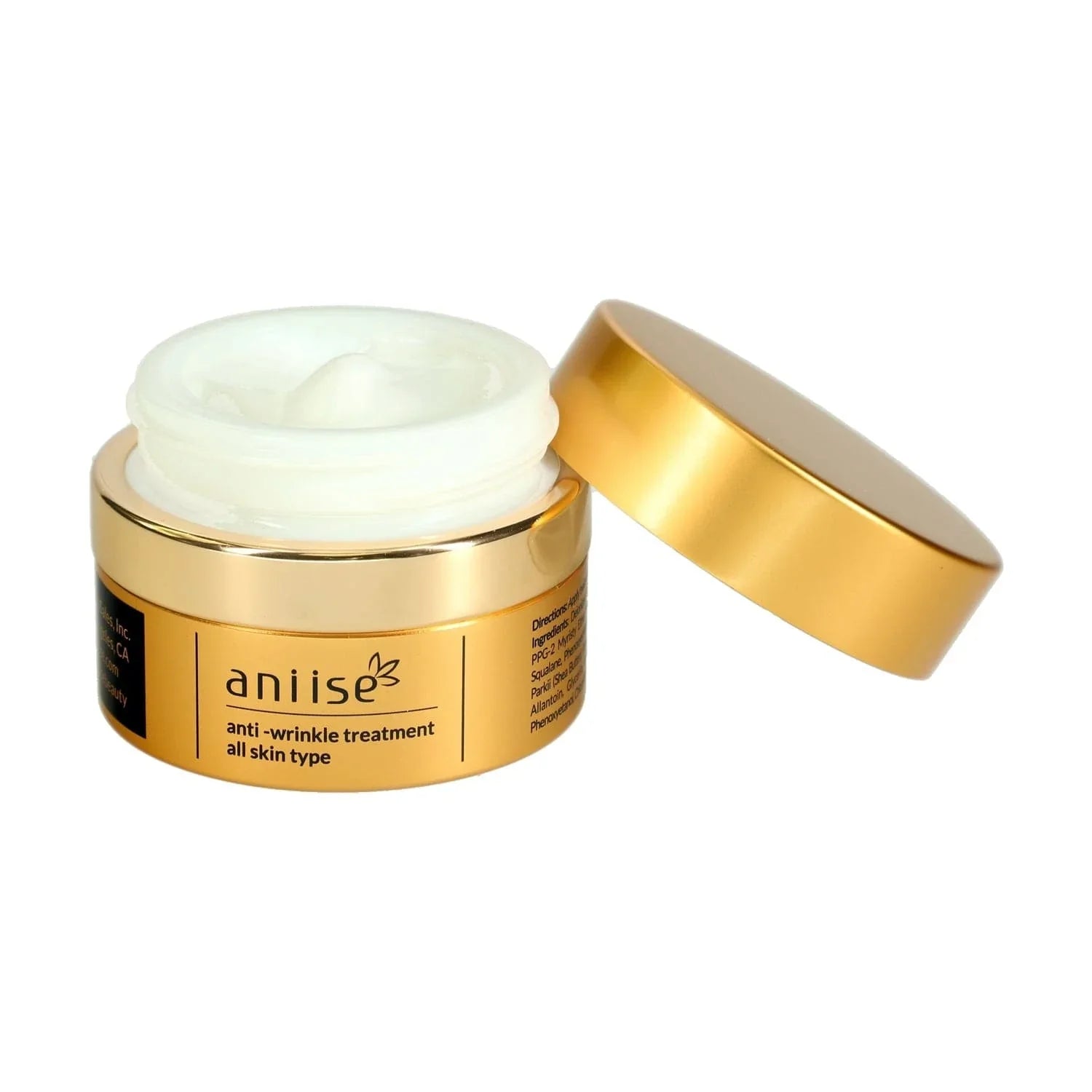 Aniise anti-wrinkle cream in gold jar, open with visible cream for all skin types