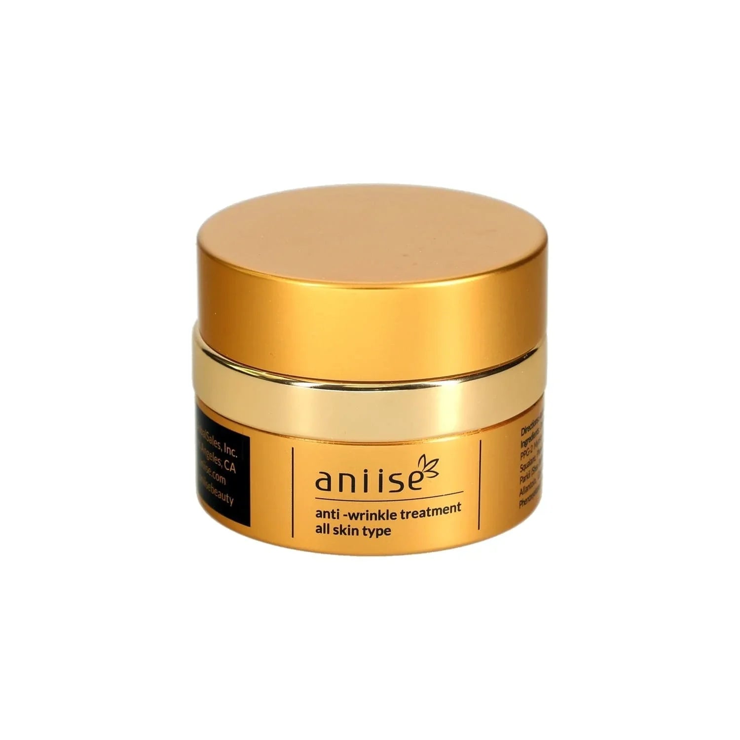 Aniise anti-wrinkle treatment cream jar, gold packaging for all skin types, on white background