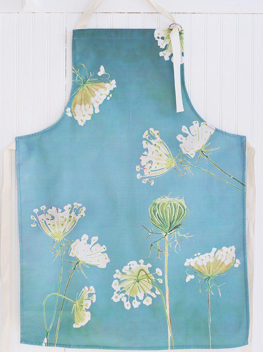 Teal apron with Queen Anne's lace floral print and white adjustable neck strap