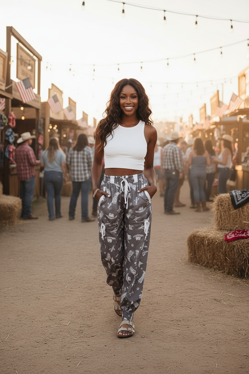 Time To Frolic!  Western Cowgirl Printed Vintage Drawstring Pants