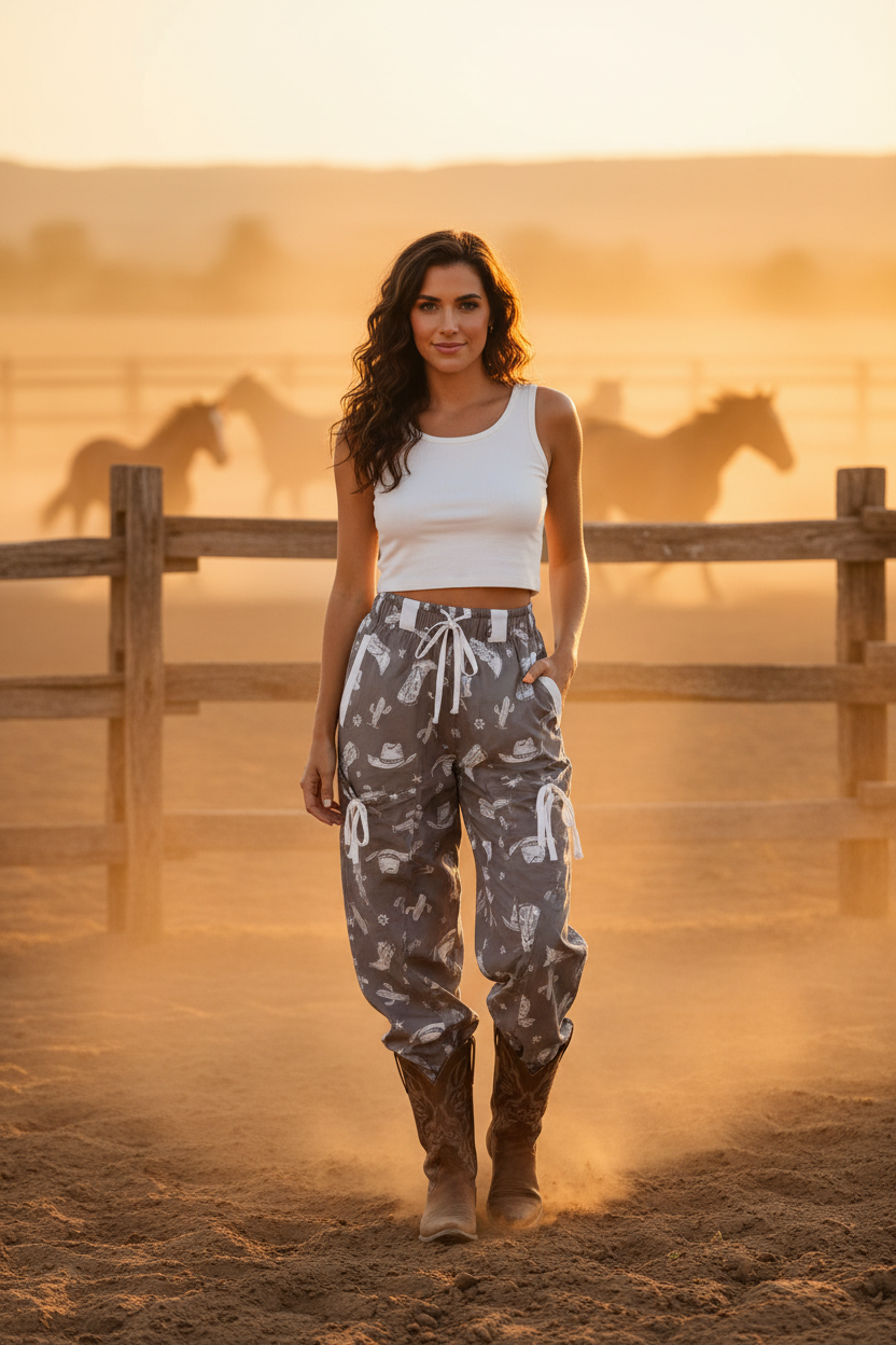 Time To Frolic!  Western Cowgirl Printed Vintage Drawstring Pants
