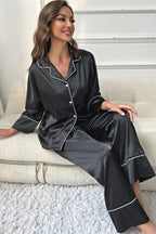 Contrast Piping Button-Up Top and Pants Pajama Set - Qu!rk Boutique