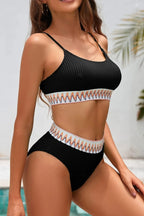 Textured Contrast Banding Bikini High Waist 2pcs Swimsuit - Qu!rk Boutique