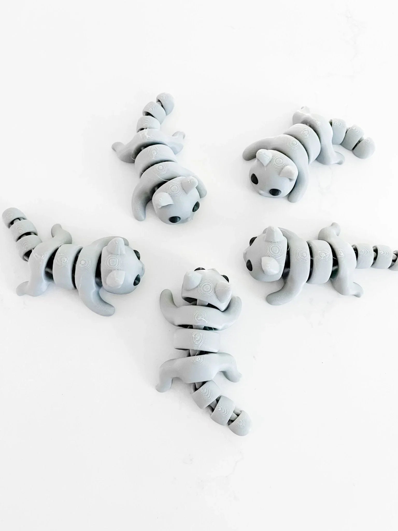 Gray baby cat fidget toys with segmented bodies arranged in a circle on a white background