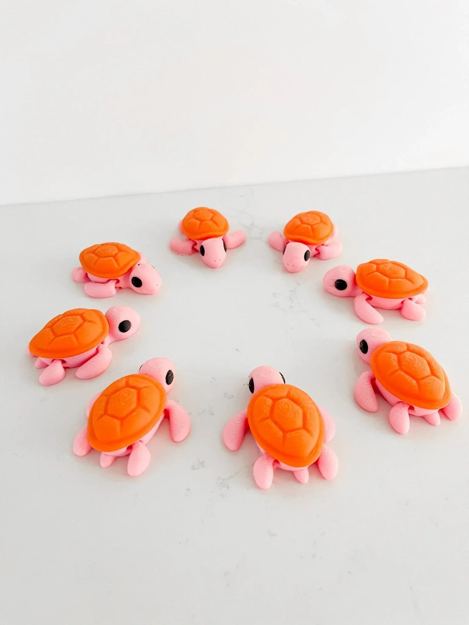 Pink and orange baby turtle figurines arranged in a circle on white, quirky boutique decor.