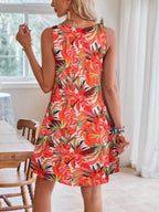 Tropical Leaf Print V-Neck Sleeveless Dress - Qu!rk Boutique