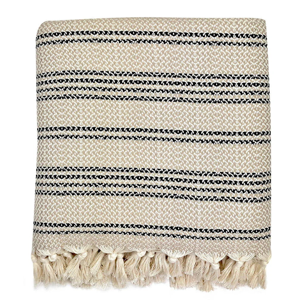 Beige stripe Turkish throw blanket with fringe, folded, artist-designed at Qu!rk Boutique