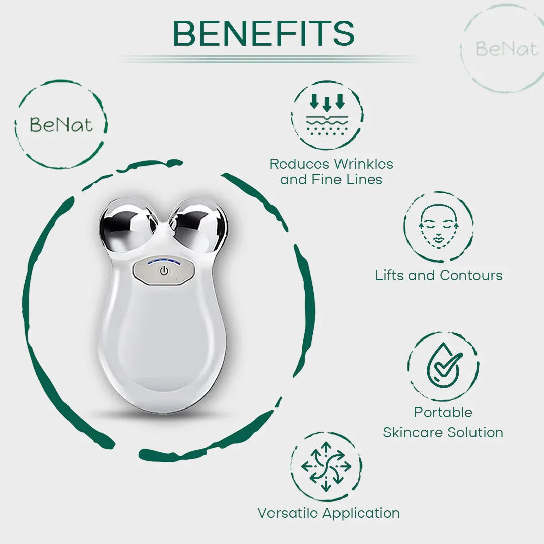 White microcurrent facial device with chrome spheres, highlighting skincare benefits and portability.