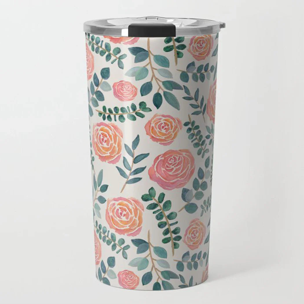 White travel tumbler with watercolor pink roses and green leafy branches floral design