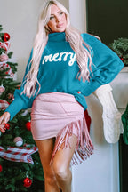 Double Take Full Size Merry Christmas Turtleneck Long Sleeve Sweater - Qu!rk Boutique
