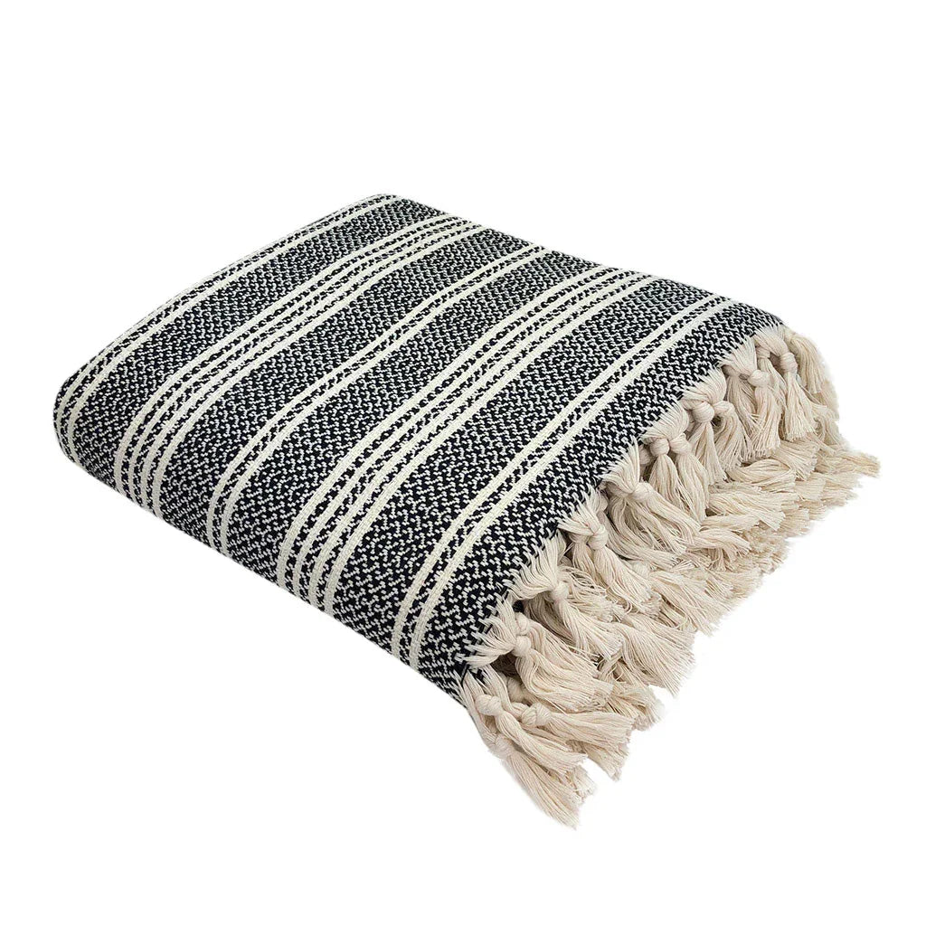 Folded black stripe Turkish blanket with cream fringe, Qu!rk Boutique sustainable gift