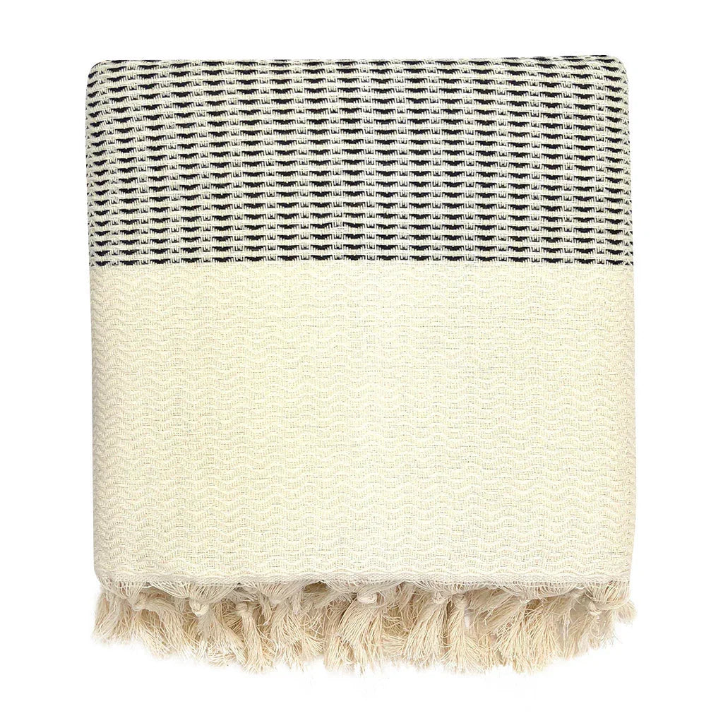 Black and cream Turkish blanket with textured wave pattern and fringe, Qu!rk Boutique exclusive