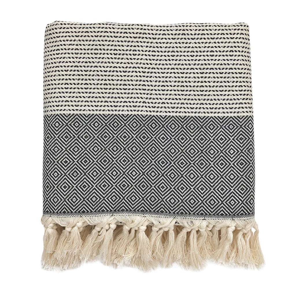 Black and white Turkish throw blanket with geometric patterns and fringe, Qu!rk Boutique