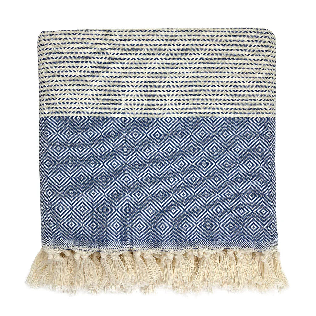 Blue diamond stripe throw blanket with cream fringe, Qu!rk Boutique sustainable home decor