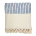 Blue and cream Turkish throw blanket with woven pattern and tasseled fringe, Qu!rk Boutique