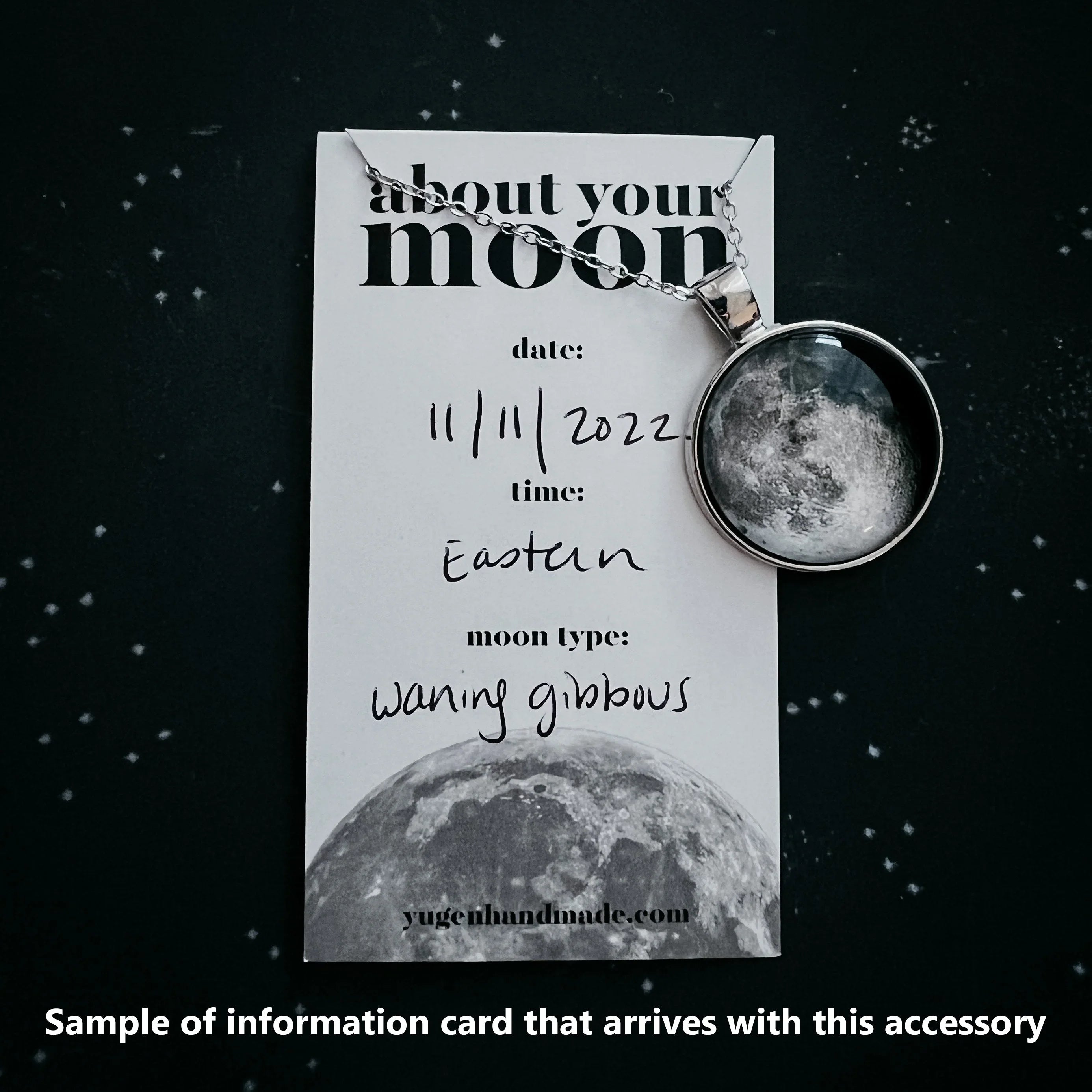 Moon phase necklace on info card with date, moon type, and cosmic background, Qu!rk boutique gift