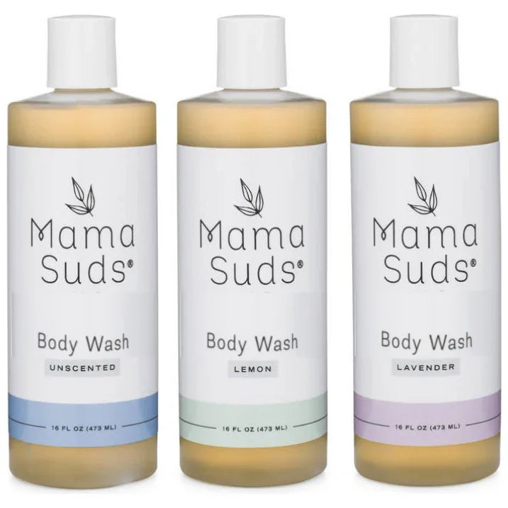 Mama Suds natural body wash bottles in unscented, lemon, and lavender at Qu!rk Boutique