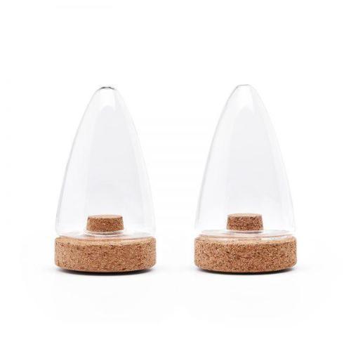 Pair of modern glass and cork containers on white background, Qu!rk Boutique sustainable gift