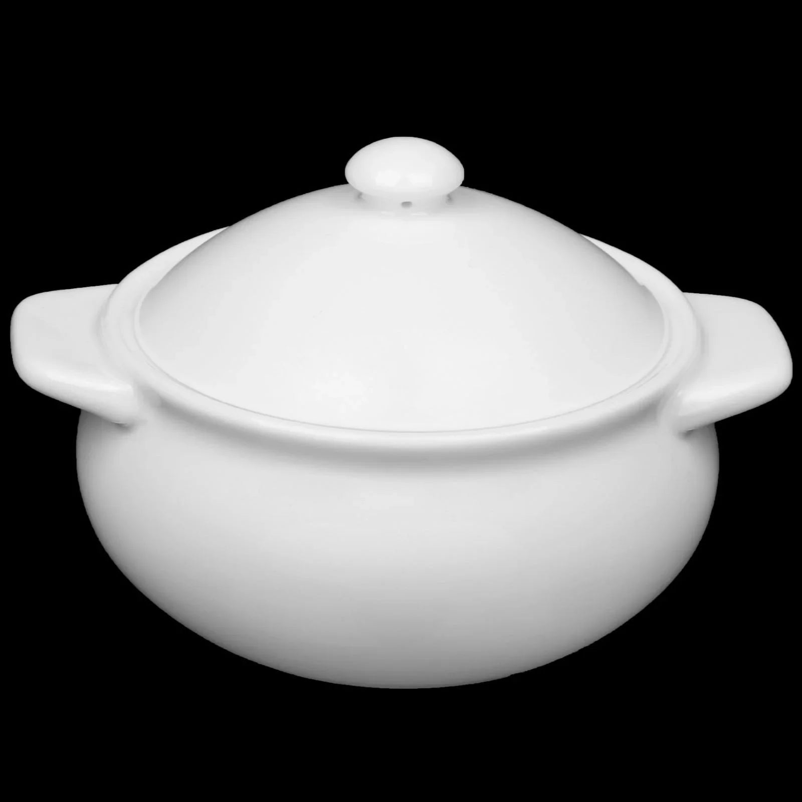 White ceramic cooking pot with lid and side handles on a black background