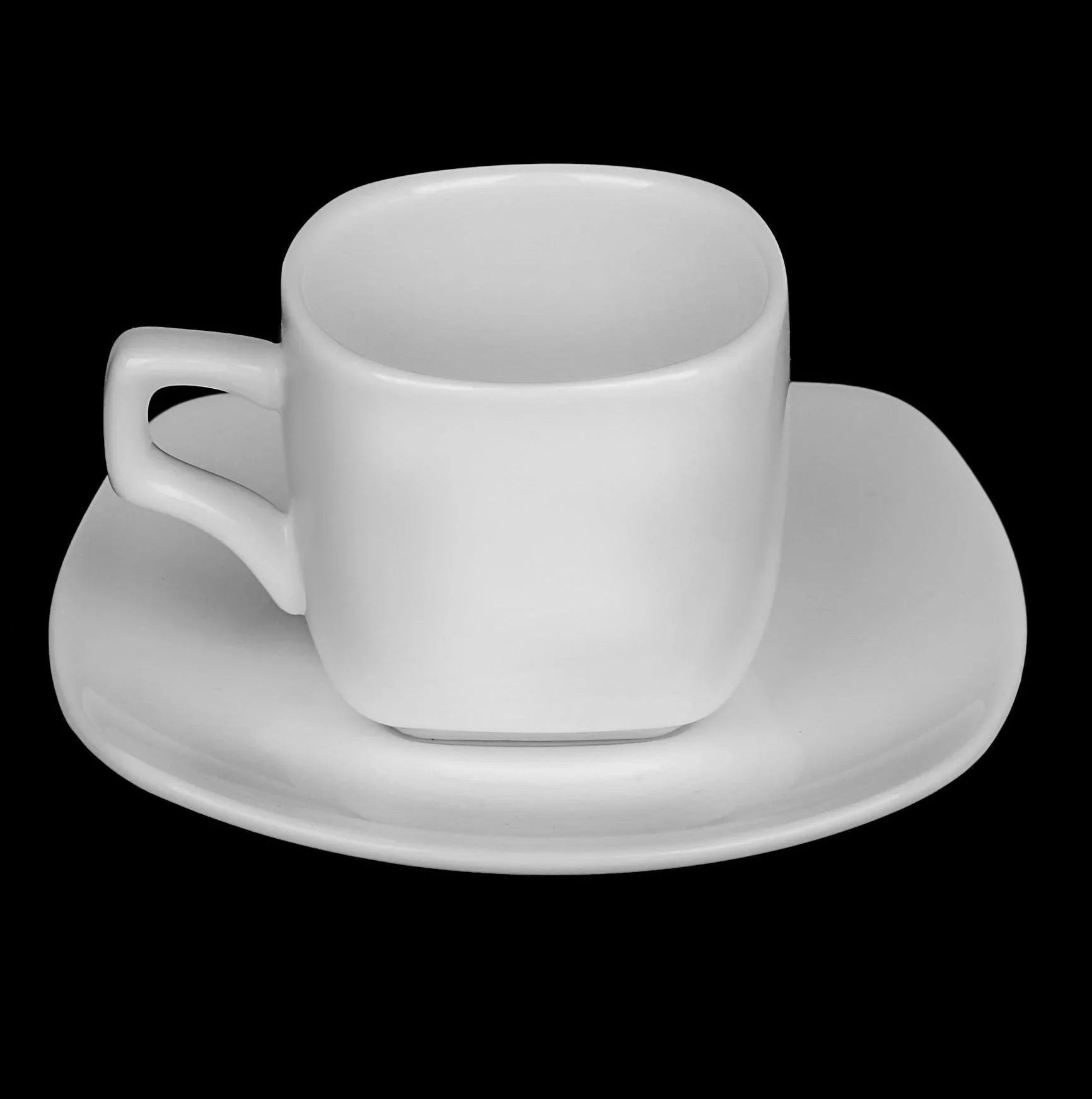 Modern white ceramic coffee cup with matching saucer on black background, Qu!rk Boutique