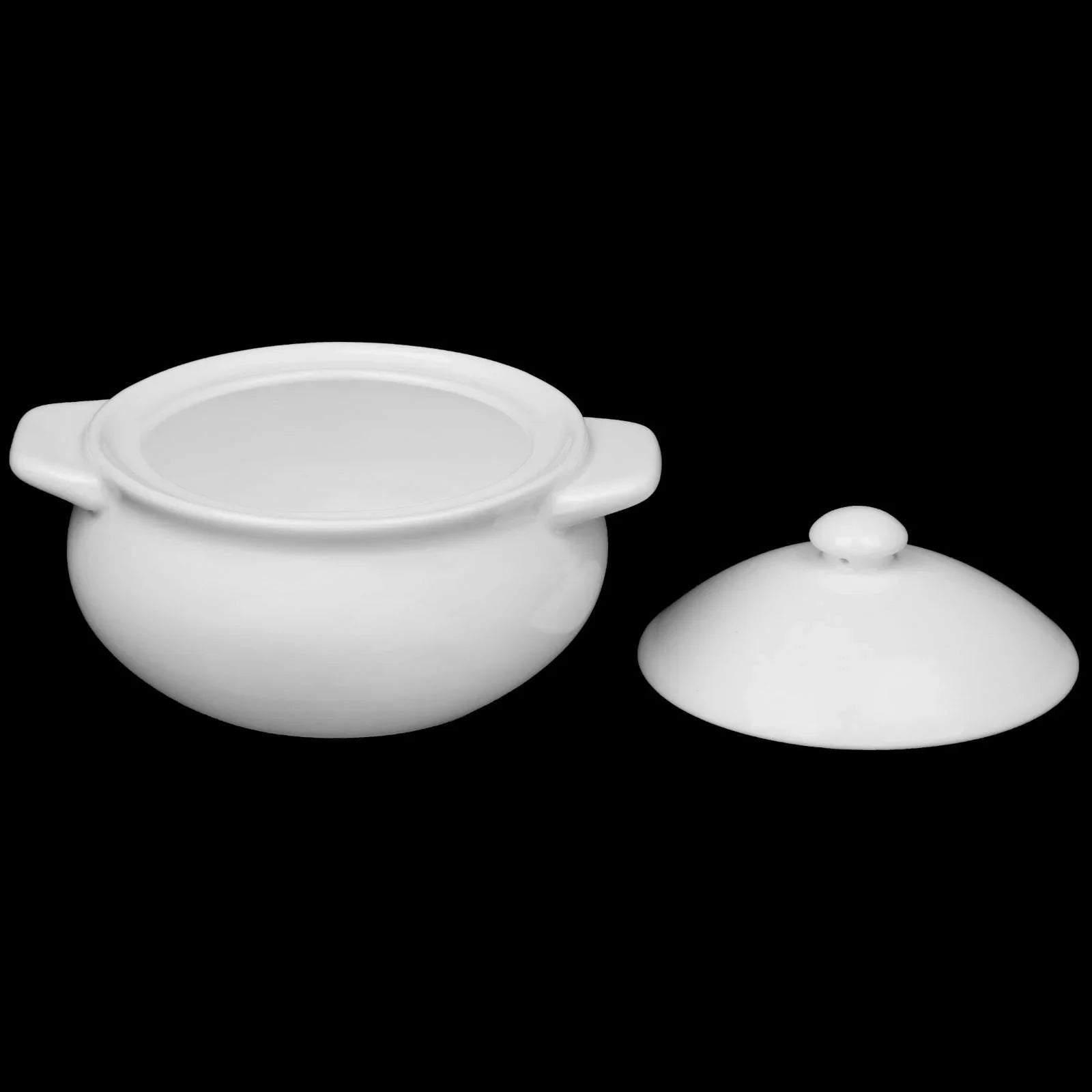 White ceramic soup pot with two handles and matching lid on black background