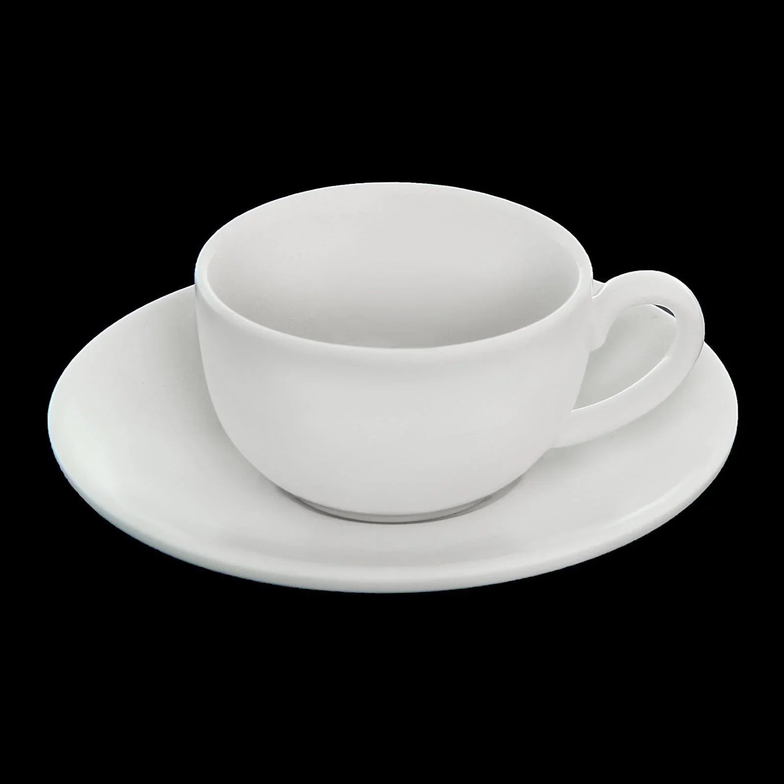 Classic white ceramic cup with matching saucer, minimalist drinkware on black background