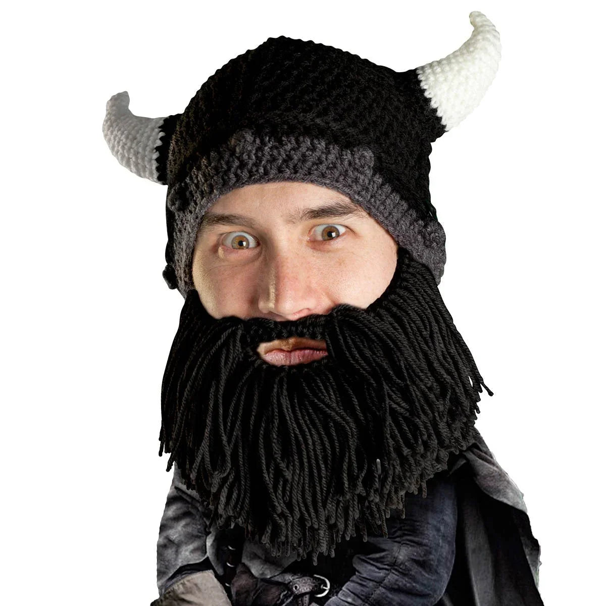 Man wearing black Viking knit hat with white horns and attached black knit beard