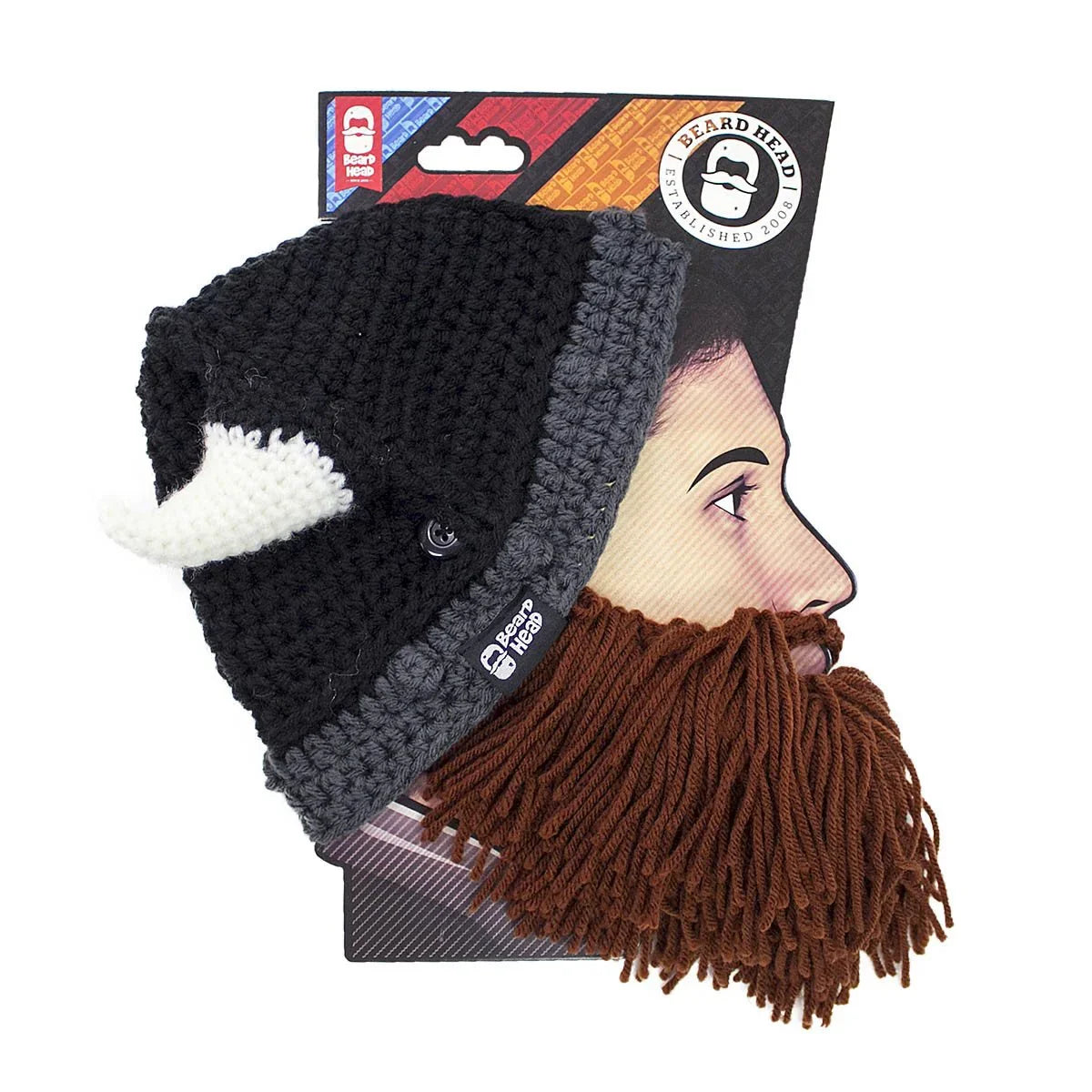 Beard Head Viking black knit beard hat with white horn and brown yarn beard on packaging