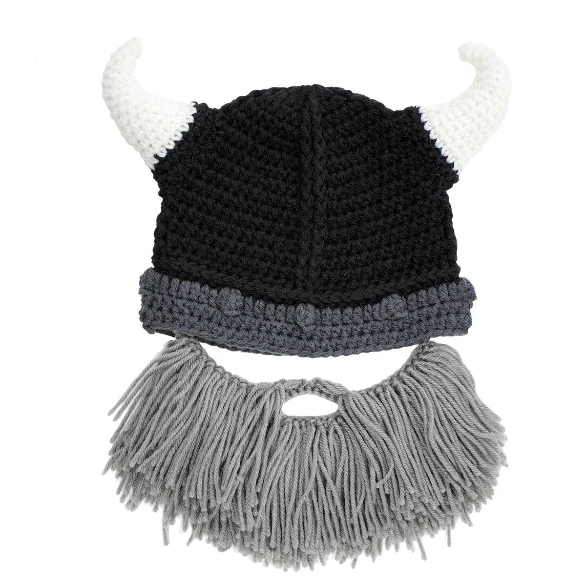 Hand-crocheted black Viking hat with white horns and attached gray yarn beard