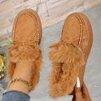 Bow Furry Round Toe Flat Slip-Ons - Qu!rk Boutique