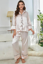 Contrast Piping Button-Up Top and Pants Pajama Set - Qu!rk Boutique