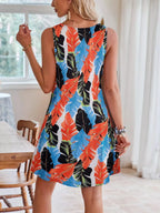Tropical Leaf Print V-Neck Sleeveless Dress - Qu!rk Boutique