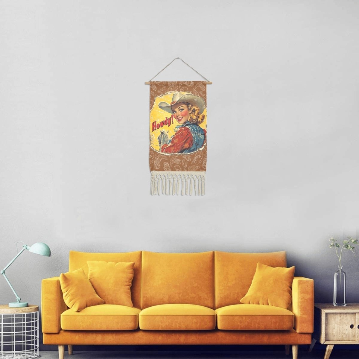 Howdy Vintage Cowgirl Western Wall Decor Linen Hanging Poster with Fringe Made in America - Qu!rk Boutique