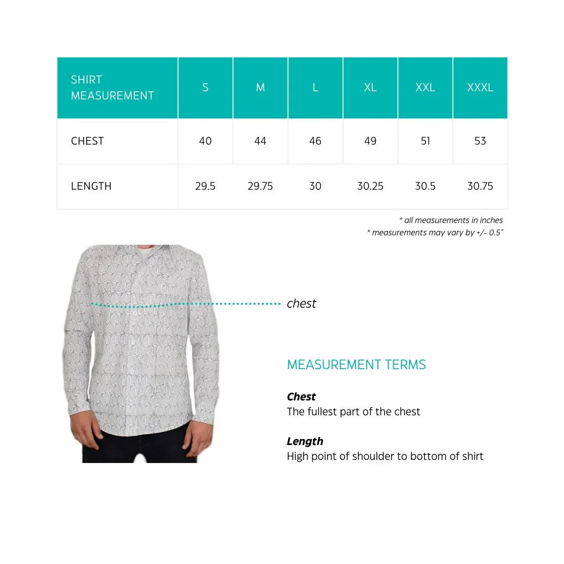 Men's patterned button-down shirt with size chart, chest and length measuring guide, Qu!rk Boutique