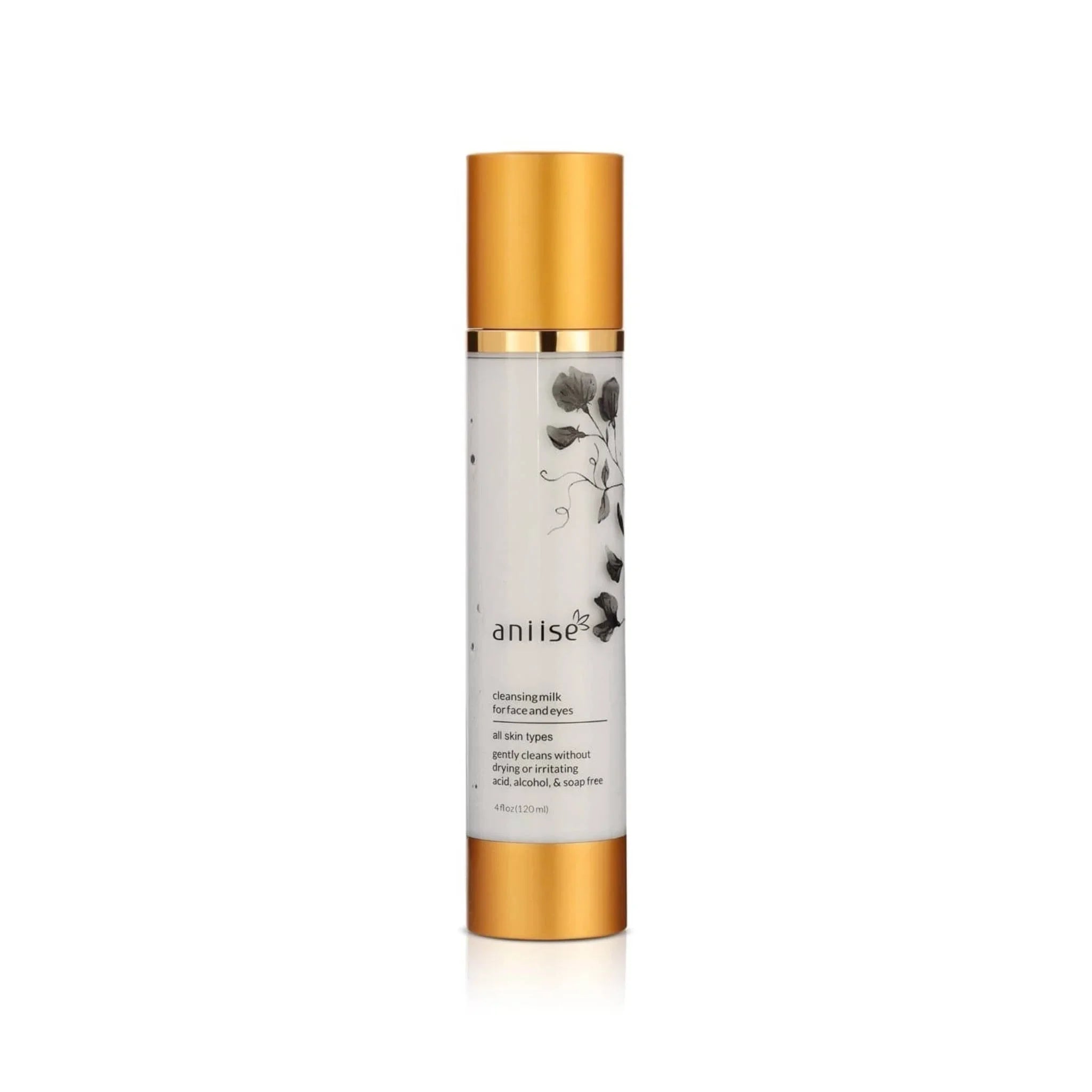 Anise cleansing milk for face and eyes with gold cap, artist-designed floral label, boutique skincare