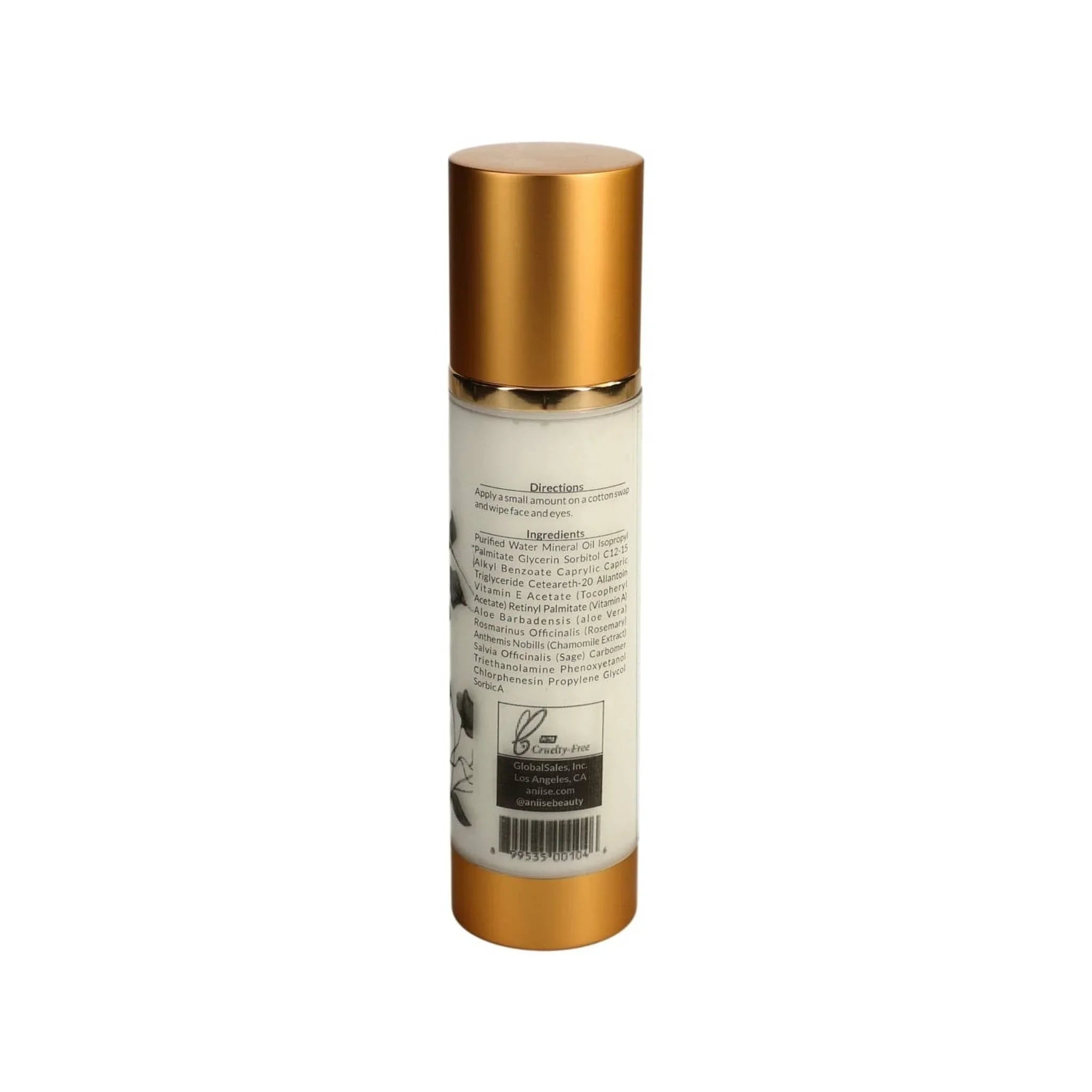 Cleansing milk bottle for face and eyes with gold cap, cruelty-free, at Qu!rk Boutique