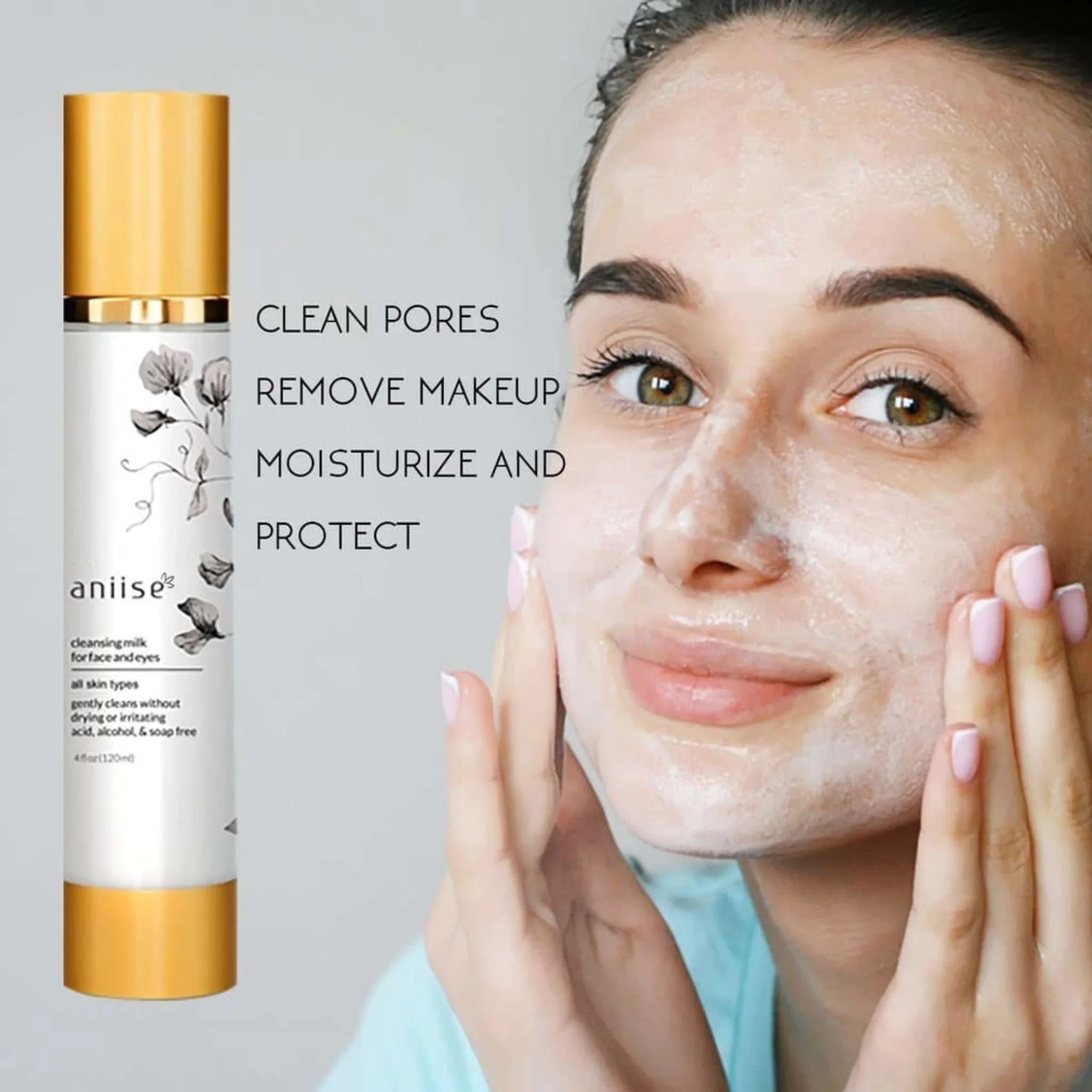 Woman applying cleansing milk for face and eyes, Aniise skincare, clean pores and remove makeup