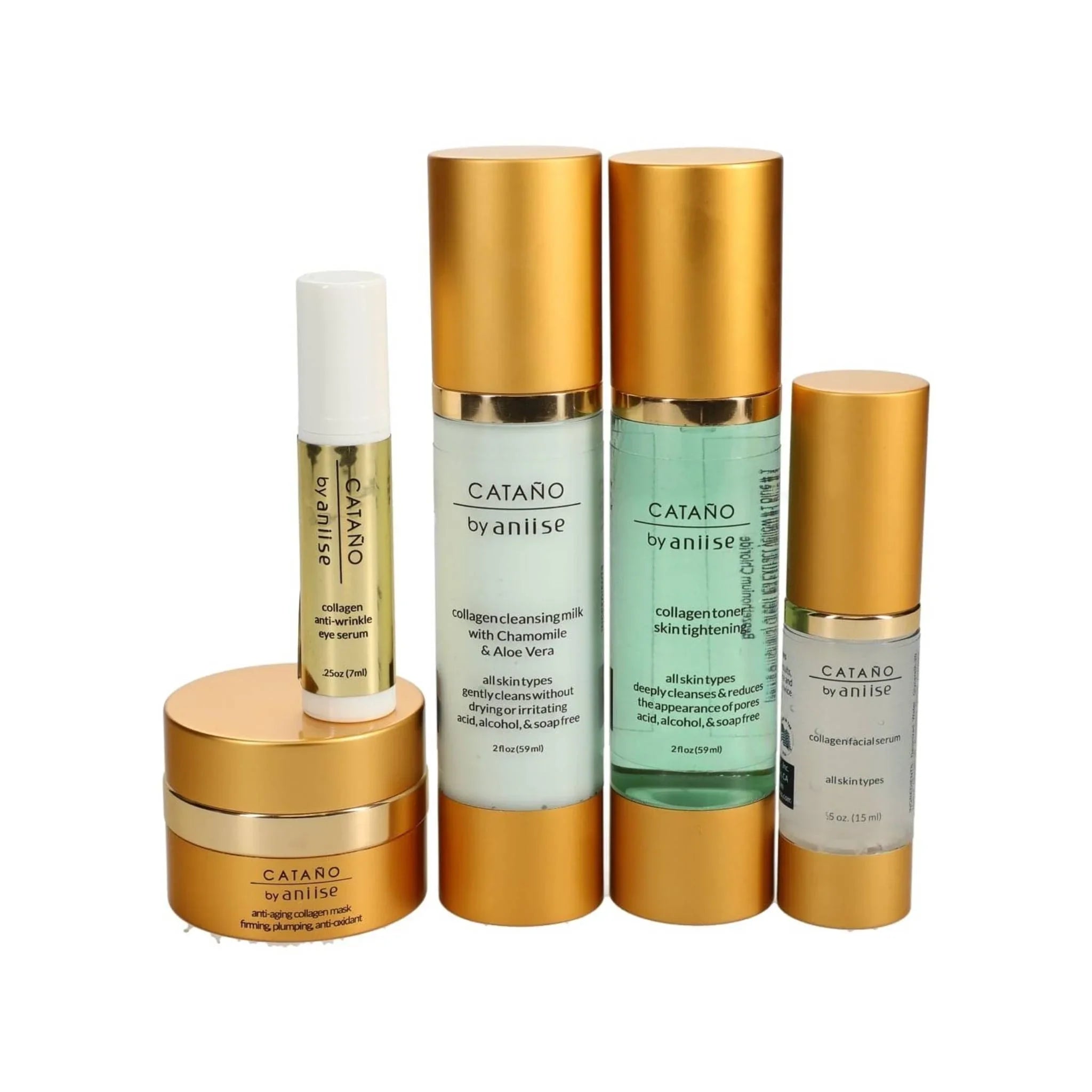 Catano by Aniise collagen anti-aging skincare set with gold caps, displayed on white background