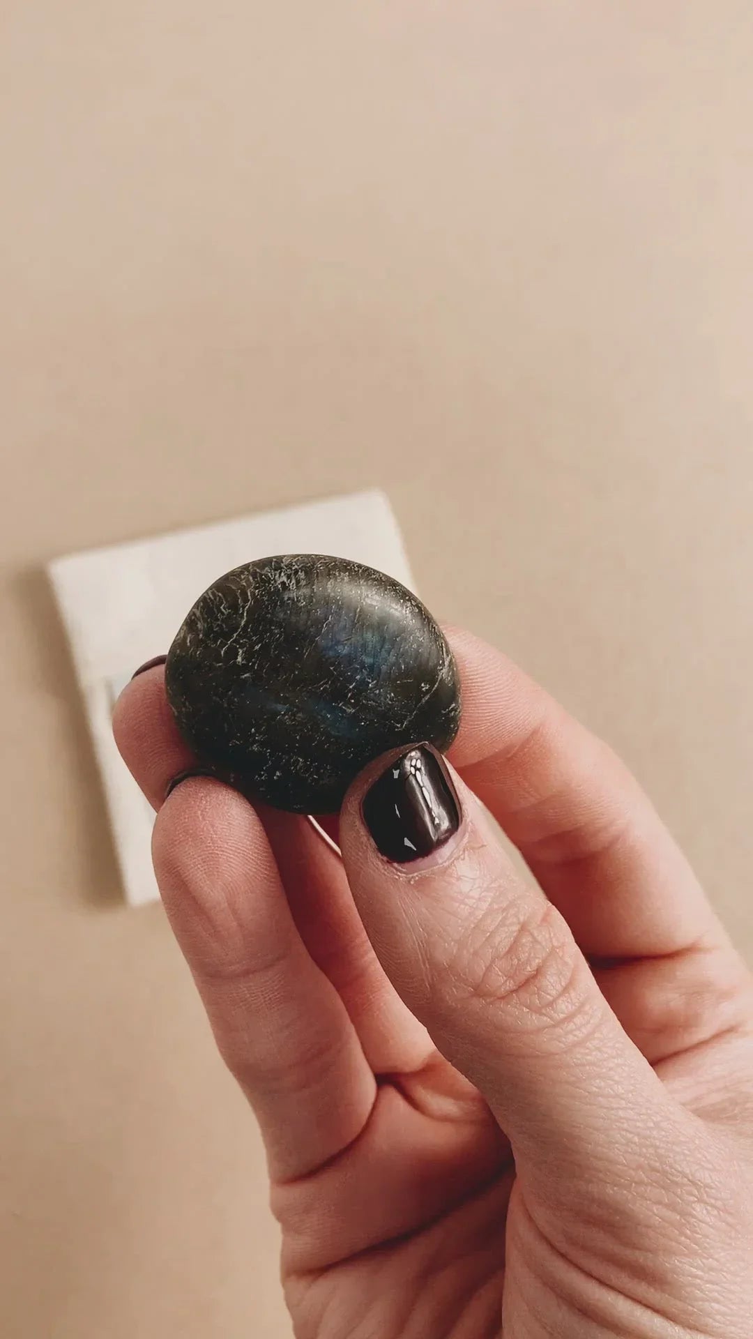 Hand holding a polished black stone with subtle blue sheen against beige background