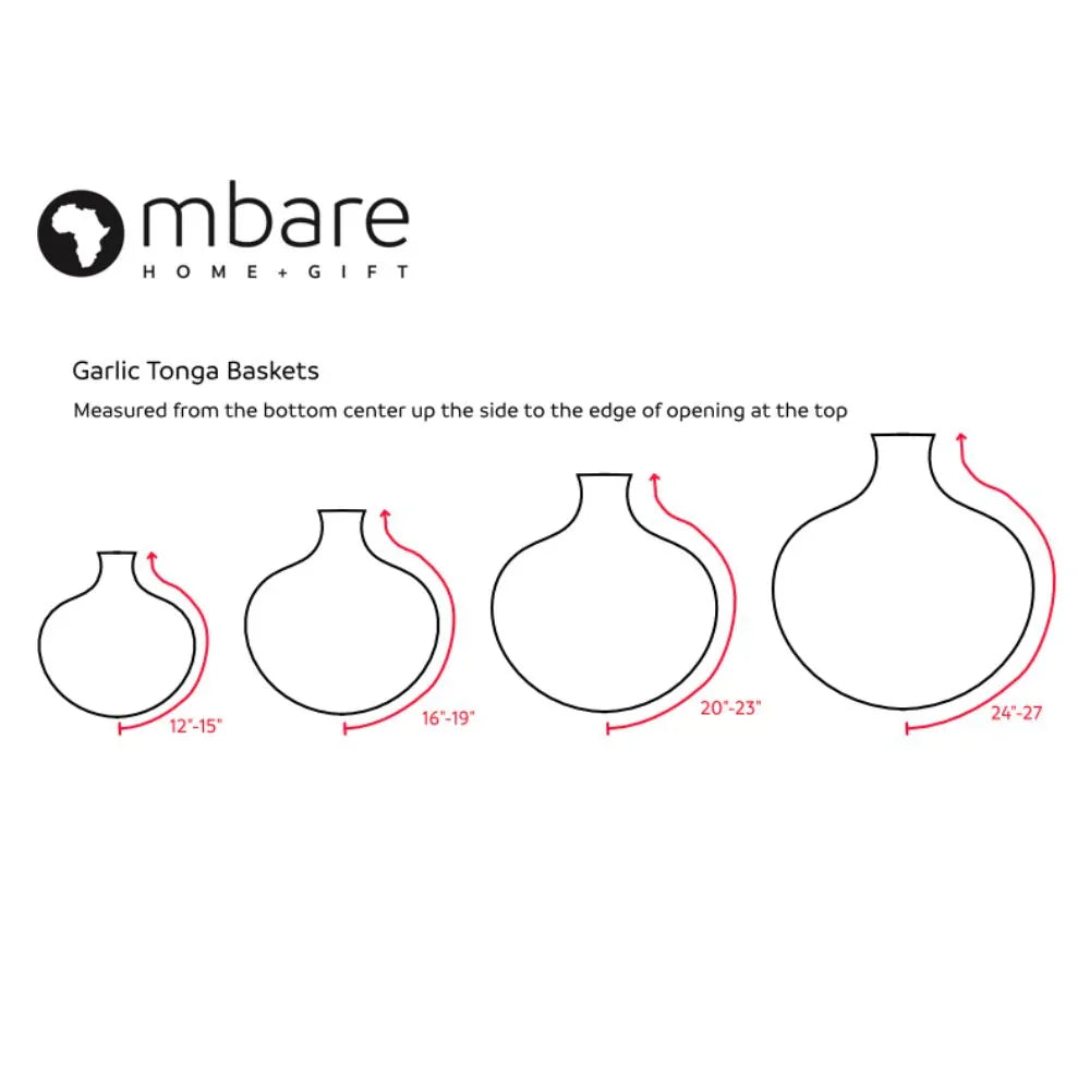 Size chart diagram of Mbale Garlic Tonga Baskets with outline illustrations and measurements.