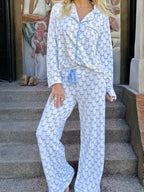Bow Print Long Sleeve Shirt and Pants Pajama Set - Qu!rk Boutique