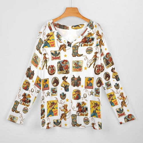 Baha Ranch Vintage Cowgirl Collage Western Print Long Sleeve Top - Qu!rk Boutique