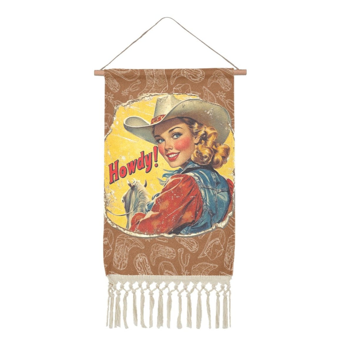 Howdy Vintage Cowgirl Western Wall Decor Linen Hanging Poster with Fringe Made in America - Qu!rk Boutique