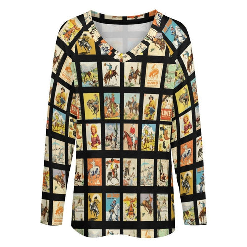 Baha Ranch Cowboy Collage Western Print Long Sleeve Top - Qu!rk Boutique