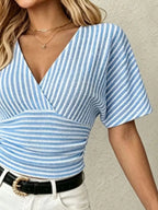 Striped Surplice Short Sleeve Top - Qu!rk Boutique
