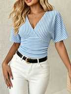 Striped Surplice Short Sleeve Top - Qu!rk Boutique