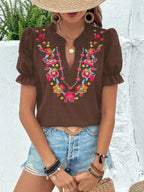 Floral Embroidered Puff Sleeve Blouse - Qu!rk Boutique