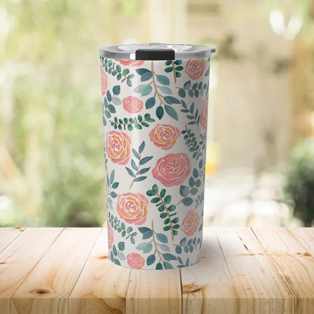 Tumbler with clear lid featuring pink and orange watercolor roses and green leaves on white background