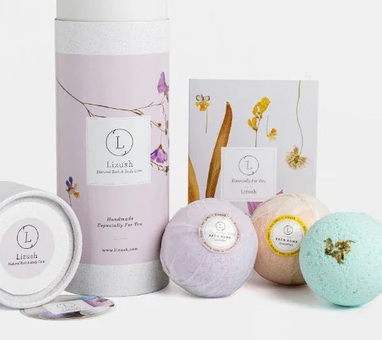 Lizush natural bath and body care set with three colorful bath bombs and floral packaging